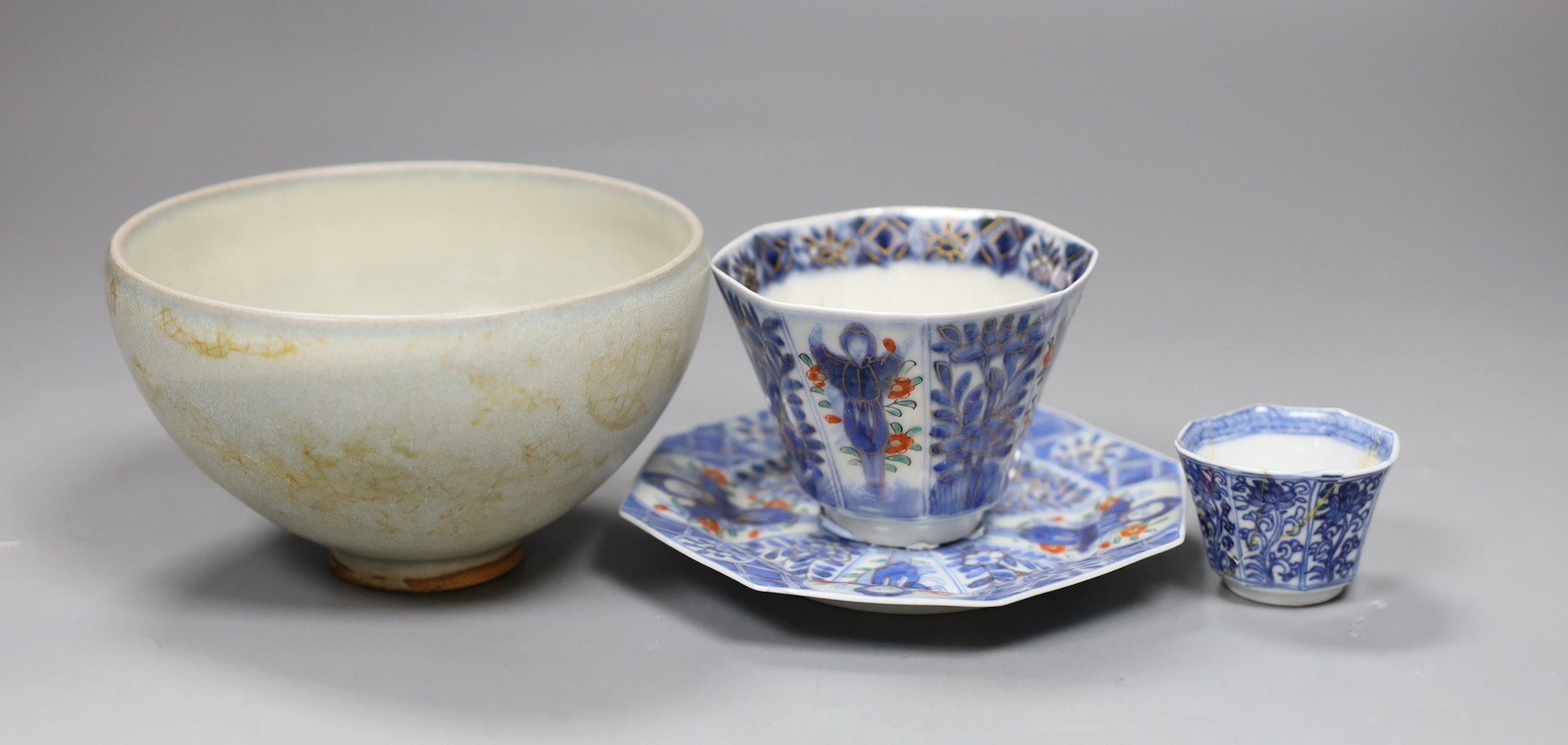 A Chinese Vung Tao cargo miniatures blue and white cup, Kangxi, porcelain bowl, a Japanese octagonal cup and saucer and a green Jun type bowl, lots of 12 cm diameter